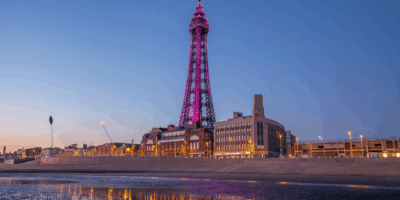 Blackpool tower in the evening lit up.