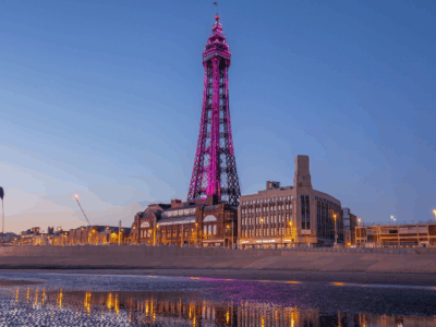 Blackpool tower in the evening lit up.