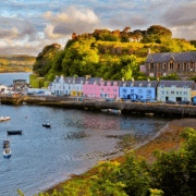 Picture of coastline in scotland with a rainbow line of houses