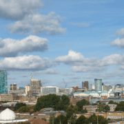 Skyline of west midlandswith blue clouds