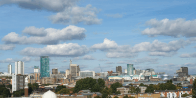 Skyline of west midlandswith blue clouds